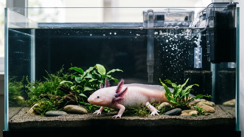 un filtro de mochila oxigenando suavemente la superficie de un acuario de agua fría y clara donde descansa un ajolote sano