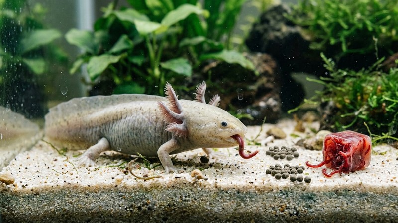un ajolote curioso comiendo una lombriz en el fondo de arena de su acuario, junto a alimento congelado y pellets
