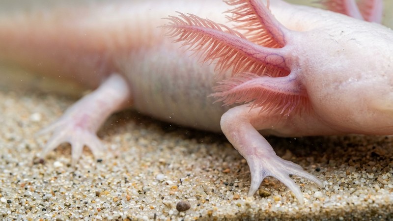 un primer plano de un ajolote sano mostrando sus patitas delicadas y su branquia intacta sobre un fondo de arena fina