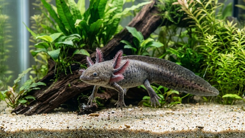 un ajolote solo, tranquilo y protagonista, en su acuario limpio de agua fría con fondo de arena y plantas, sin peces alrededor