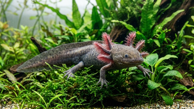 un ajolote sano y sereno descansando entre plantas verdes en un acuario cristalino de agua fría, con aspecto sano y curioso