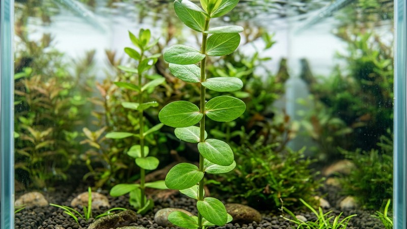 un detalle de tallo de Bacopa con hojas ovaladas opuestas creciendo de dos en dos enfrentadas a cada lado del tallo, dentro de un acuario limpio de agua transparente