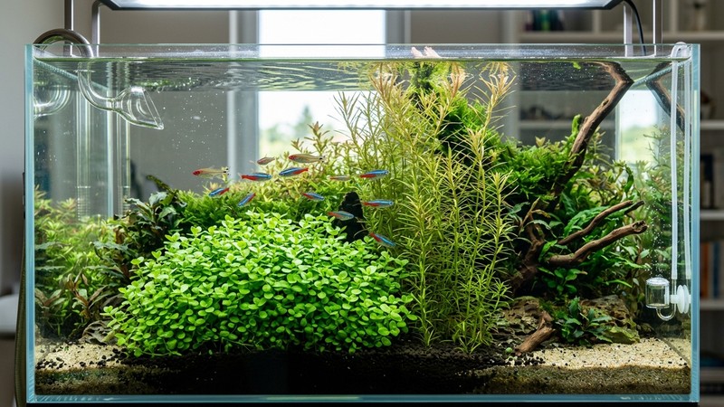un acuario plantado donde un grupo compacto de Bacopa de porte bajo crece junto a plantas de tallo altas y espigadas, contraste de alturas, agua cristalina