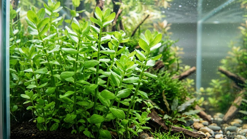 un primer plano de Bacopa caroliniana de hojas verdes ovaladas y sanas dentro de un acuario limpio, tallo recto y follaje denso