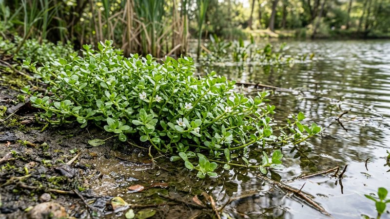 una Bacopa monnieri de hojas pequeñas y redondeadas creciendo emergida en el borde encharcado de un estanque, con la parte alta fuera del agua