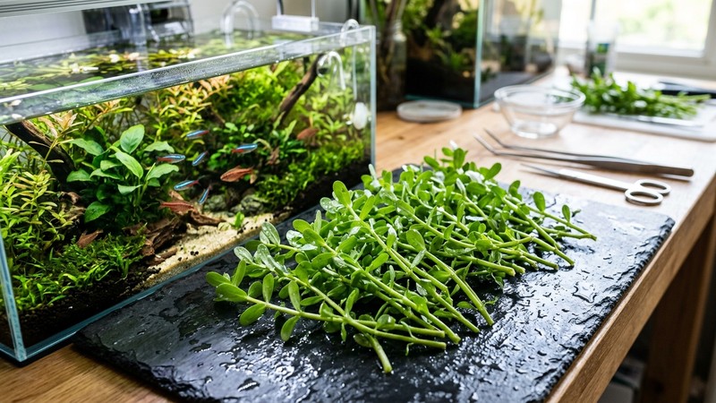 unas puntas de esqueje de Bacopa recién cortadas en reposo sobre una superficie húmeda junto a un acuario plantado, tallos sanos con hojas verdes ovaladas
