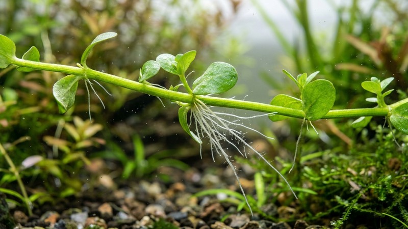 un detalle de tallo de Bacopa con finas raíces blancas asomando en los nudos, sobre un fondo de acuario plantado desenfocado