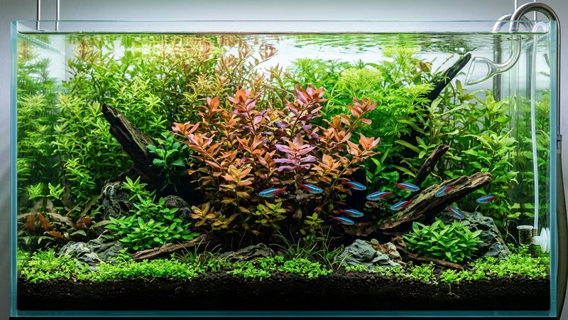 un acuario plantado con Bacopa de tonos cobrizos y violetas creciendo junto a otras plantas de tallo verdes en la zona trasera, agua cristalina y colores realistas