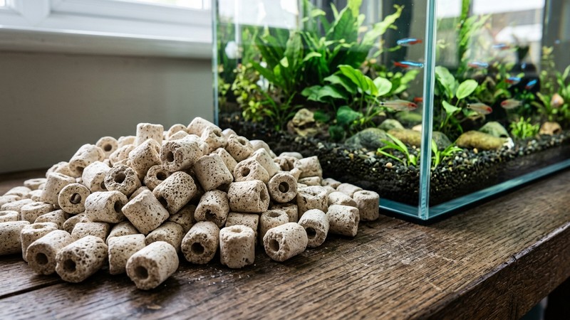 un montón de canutillos cerámicos de material filtrante biológico apilados en reposo sobre una superficie de madera, junto al cristal de un acuario limpio al fondo, textura porosa de las piezas bien visible