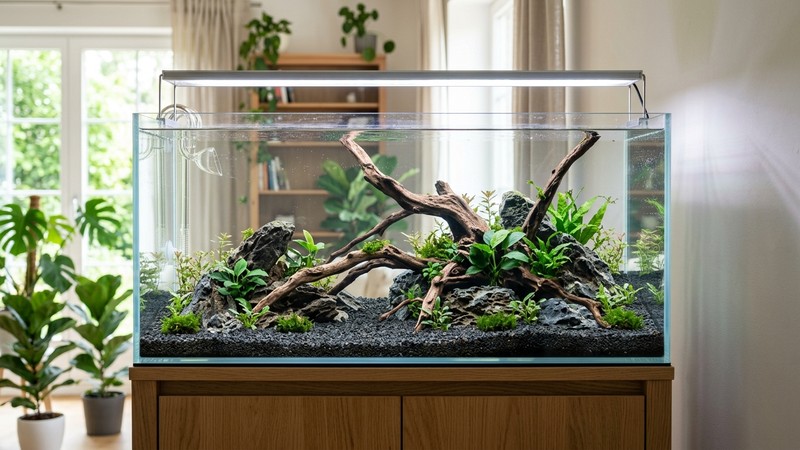 un acuario de agua dulce recién montado, agua perfectamente cristalina, sustrato de grava, troncos y piedras colocados, plantas jóvenes, todavía sin peces, sala luminosa