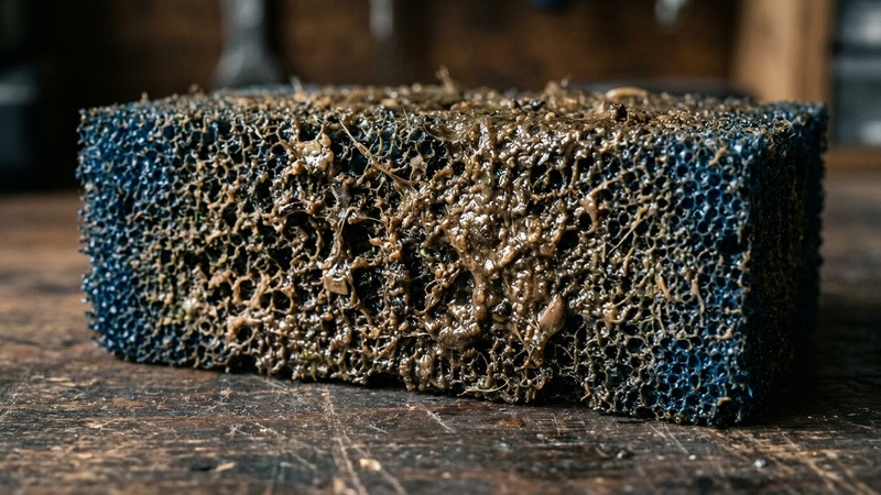 un primer plano de una esponja de filtro de acuario colonizada, con textura de biopelícula marrón sobre la espuma porosa, en reposo sobre una mesa, gran nivel de detalle
