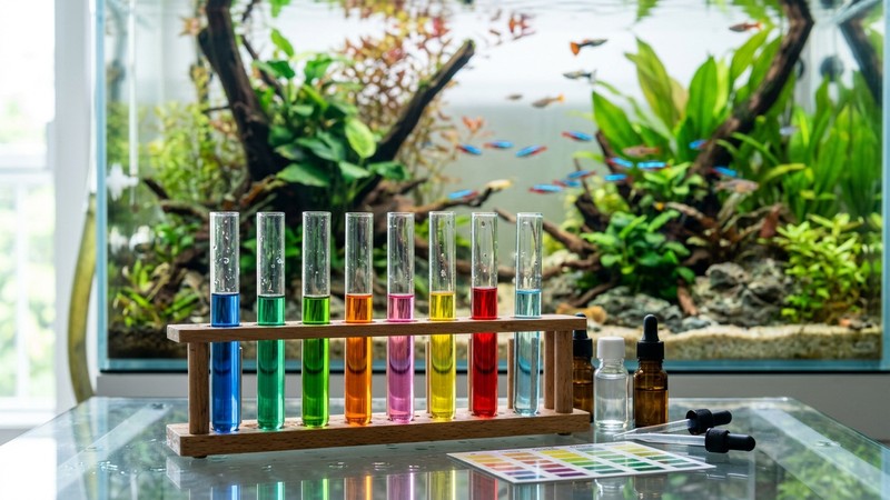 un test de agua para acuario con varios tubos de ensayo de colores en una gradilla en reposo sobre una mesa clara, con un acuario cristalino desenfocado al fondo