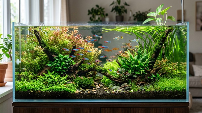 un acuario maduro y sano, densamente plantado de verde exuberante, con pequeños peces de colores nadando y agua totalmente transparente, ambiente equilibrado