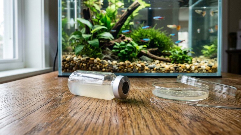 una pequeña ampolla monodosis de bacterias vivas en reposo sobre una mesa de madera, junto al cristal de un acuario limpio y cristalino al fondo, envase de vidrio pequeño y limpio