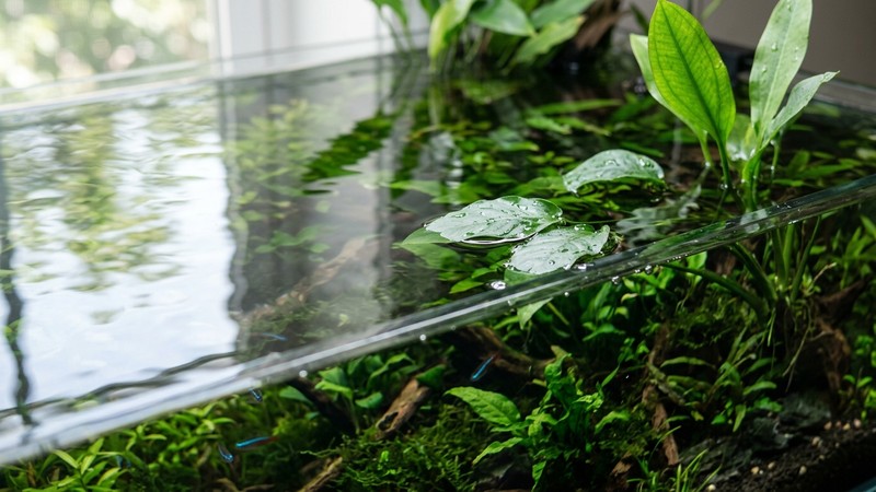 la superficie del agua de un acuario en calma, con reflejos suaves de luz natural, algunas hojas de planta asomando y el agua totalmente transparente, plano cercano sereno