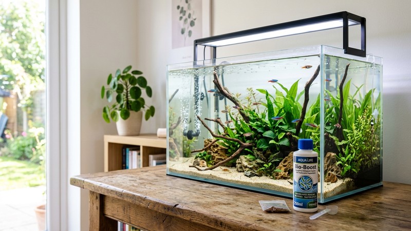 un acuario recién montado con agua cristalina y un frasco de arrancador biológico en reposo sobre la mesa de madera delante del tanque, sala luminosa y ordenada