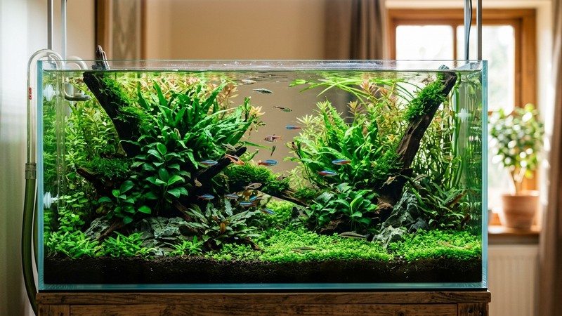 un acuario maduro con plantas acuáticas exuberantes de un verde intenso y agua perfectamente transparente, luz natural lateral entrando por una ventana, ambiente cálido y estable