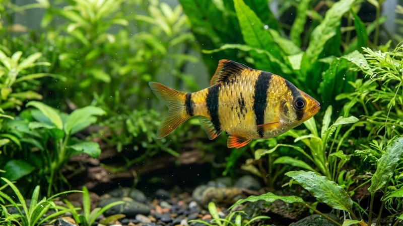 un primer plano de un barbo tigre robusto de cuerpo alto y dorado con sus bandas negras, entre plantas verdes de un acuario
