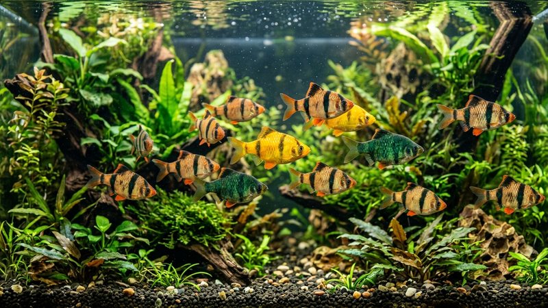un grupo de barbos tigre de distintas variedades de color, naranja, dorado y verde, nadando juntos en un acuario plantado