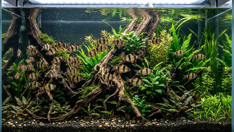 un cardumen grande de barbos tigre persiguiéndose entre ellos con energía en un acuario plantado con raíces