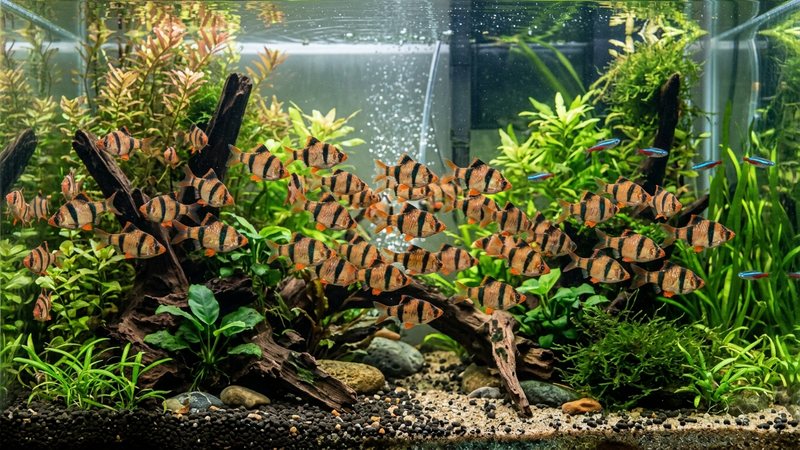 un cardumen de barbos tigre muy activos moviéndose en grupo por un acuario comunitario plantado y limpio