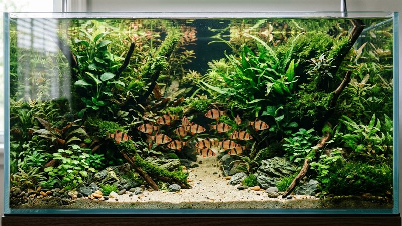 un acuario plantado con vegetación densa en el fondo y los laterales y un carril central despejado por donde nada un cardumen de barbos tigre