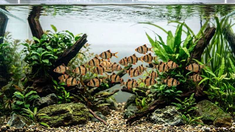 un cardumen de barbos tigre en un acuario de agua muy limpia y cristalina con la superficie ligeramente agitada