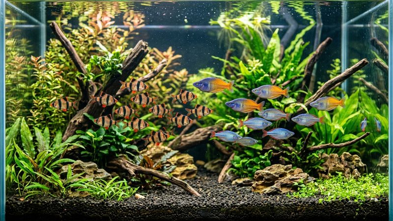 un acuario comunitario plantado con un cardumen de barbos tigre junto a peces arcoíris de tamaño similar