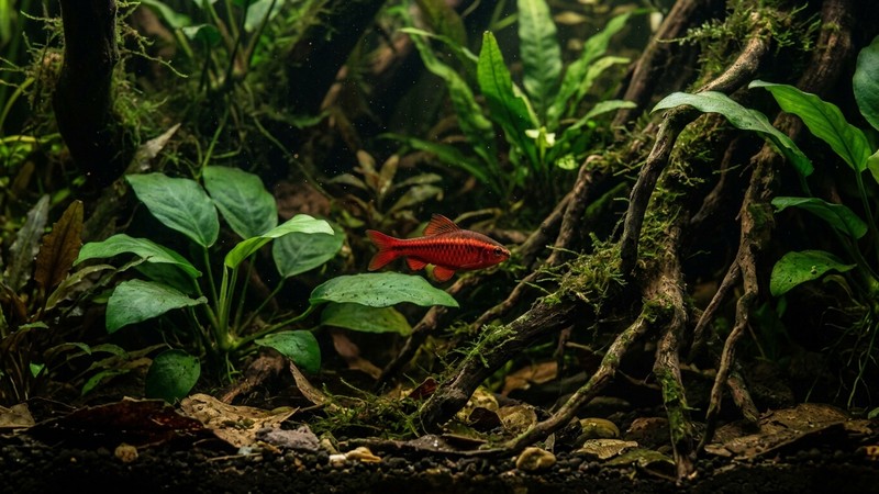 un pequeño barbo cereza rojo entre hojas anchas y raíces sumergidas de un acuario de aguas suaves y sombreadas, ambiente de selva tropical
