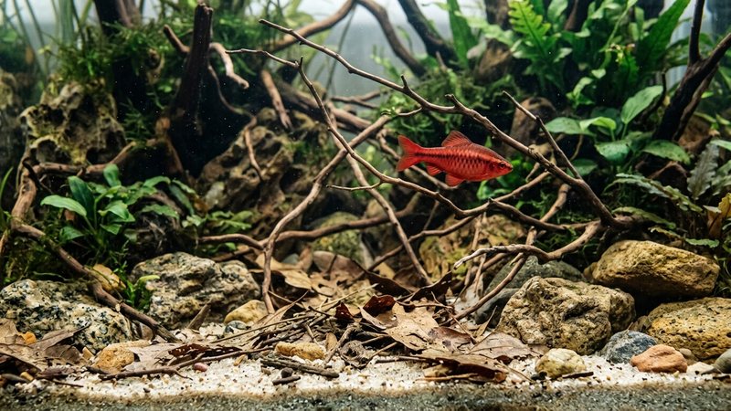 un fondo de acuario con arena clara, hojarasca seca, ramas finas y rocas de distintos tamaños mezcladas de forma natural, un barbo cereza al fondo