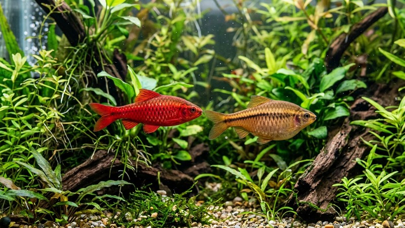 una pareja de barbos cereza donde el macho rojo intenso contrasta con la hembra rechoncha de tonos marrón dorado y línea oscura lateral, entre plantas de acuario