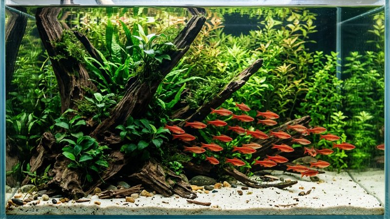 un acuario plantado tipo asiático con arena, madera con anubias, cortina densa de plantas verdes al fondo y zonas de sombra, un cardumen de barbos cereza rojos