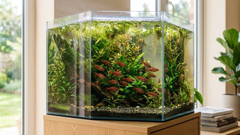 un rincón de acuario con plantas flotantes en superficie que proyectan sombra suave sobre el agua, barbos cereza rojos relajados debajo entre la vegetación