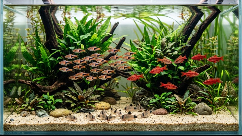 un acuario comunitario limpio con barbos cereza rojos junto a un cardumen de rasboras arlequín y corydoras en el fondo de arena, agua cristalina