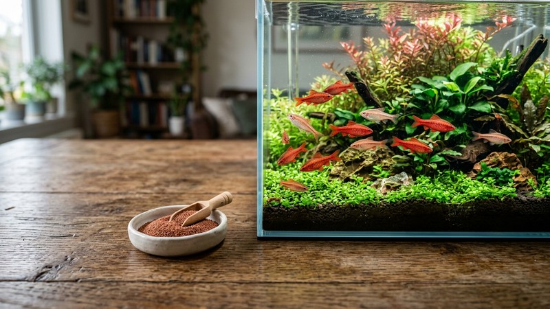 un plato pequeño con gránulos finos de comida para peces sobre una mesa de madera junto a un acuario plantado con barbos cereza al fondo