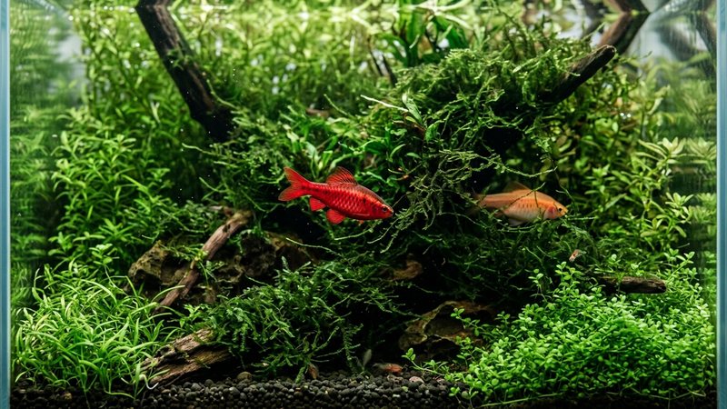 un acuario de cría con musgo de Java y plantas de hoja fina muy densas, un barbo cereza macho rojo cortejando entre la vegetación