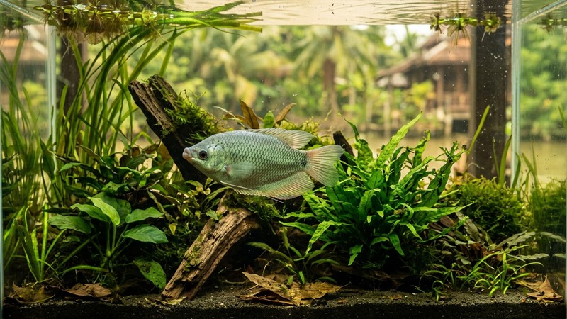 un pez besucón verde plateado nadando en un acuario tropical de aguas cálidas y lentas con mucha vegetación y fondo blando del sudeste asiático