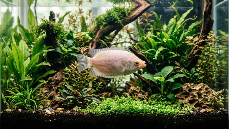 un pez besucón rosado color carne de cuerpo pálido nadando despacio en un acuario limpio y bien plantado