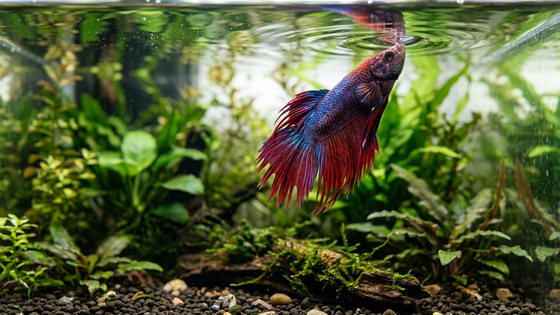 un pez besucón subiendo despacio a la superficie de un acuario plantado para tomar una bocanada de aire