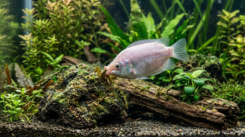 un pez besucón pastando sobre una piedra y un tronco cubiertos de algas verdes en un acuario plantado