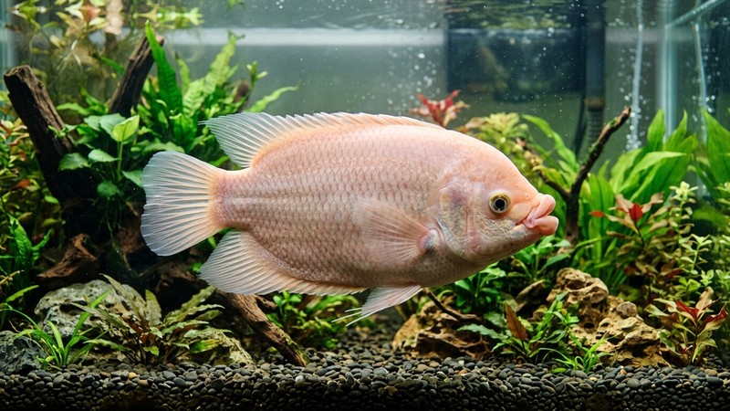 un pez besucón adulto grande y robusto de casi un palmo llenando con su presencia un acuario amplio de agua cristalina