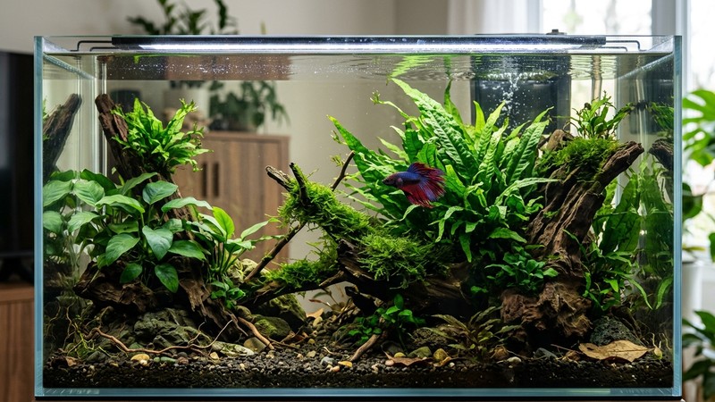 un acuario grande decorado con plantas resistentes como anubias y helecho de Java, troncos y musgo sobre madera, con un pez besucón entre ellas