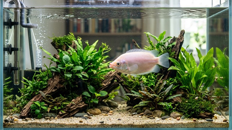 un acuario grande y muy limpio de agua cristalina con un filtro potente y un pez besucón nadando tranquilo