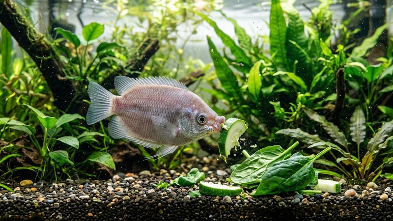 un pez besucón comiendo rodajas de calabacín y hojas de espinaca escaldada en el fondo de un acuario plantado