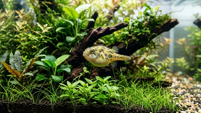 un pez besucón variedad globo de cuerpo corto, redondo y abultado nadando en un acuario limpio y plantado