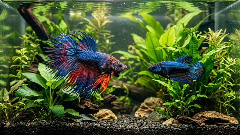 una pareja de bettas donde el macho despliega branquias y aletas exhibiéndose ante la hembra entre plantas verdes