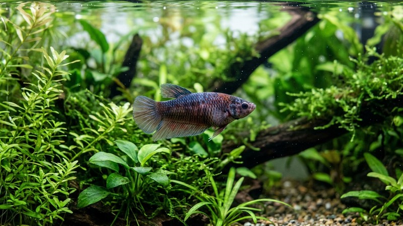 una hembra betta con el vientre redondeado nadando entre plantas suaves de un acuario