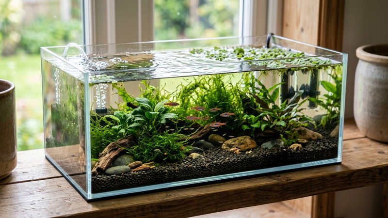 un pequeño acuario de cría de poca altura con plantas y agua limpia y cálida