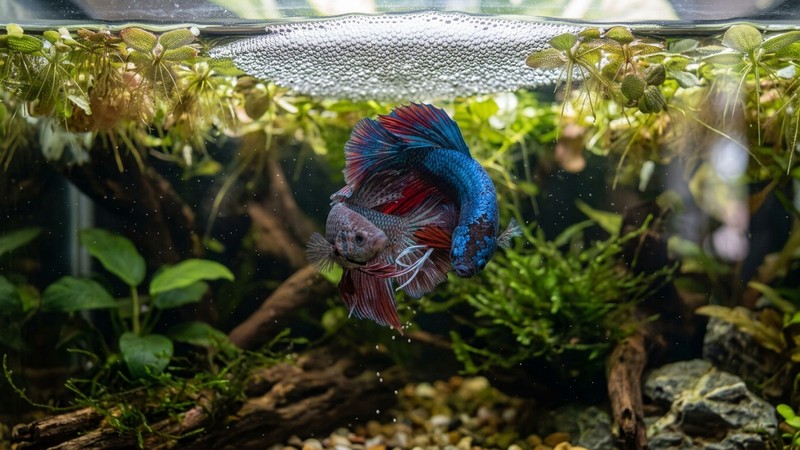 una pareja de bettas juntos bajo el nido de burbujas en el momento del abrazo nupcial