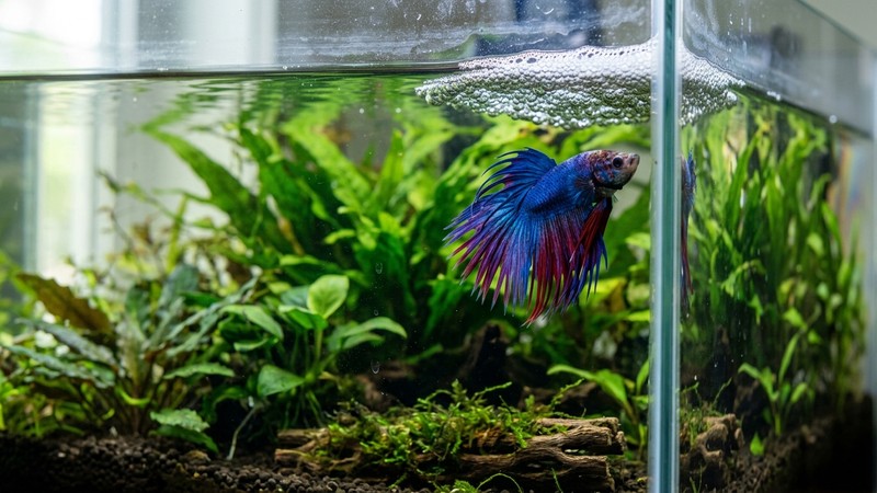 un betta macho vigilando su nido de burbujas en la esquina de un acuario plantado